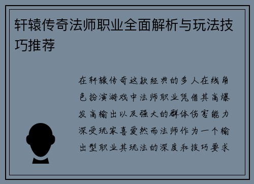 轩辕传奇法师职业全面解析与玩法技巧推荐