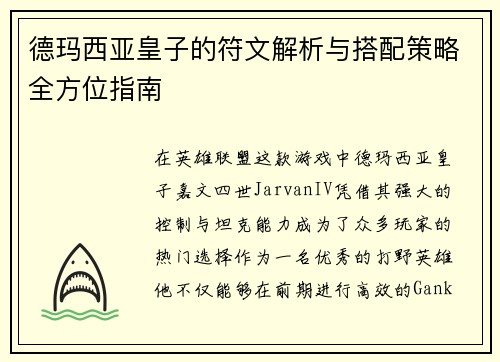 德玛西亚皇子的符文解析与搭配策略全方位指南